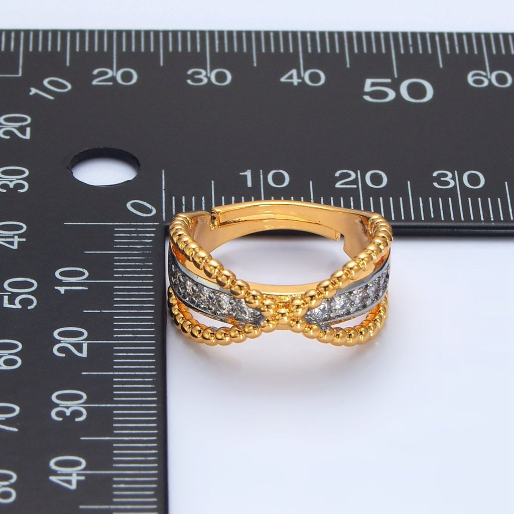 24K Gold plated Micro Paved CZ Dotted Crossed Double Band Mixed Metal Ring | O1425 - DLUXCA