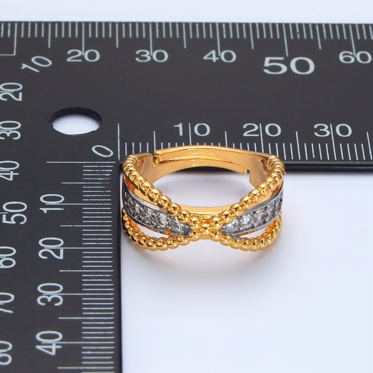 24K Gold plated Micro Paved CZ Dotted Crossed Double Band Mixed Metal Ring | O1425 - DLUXCA