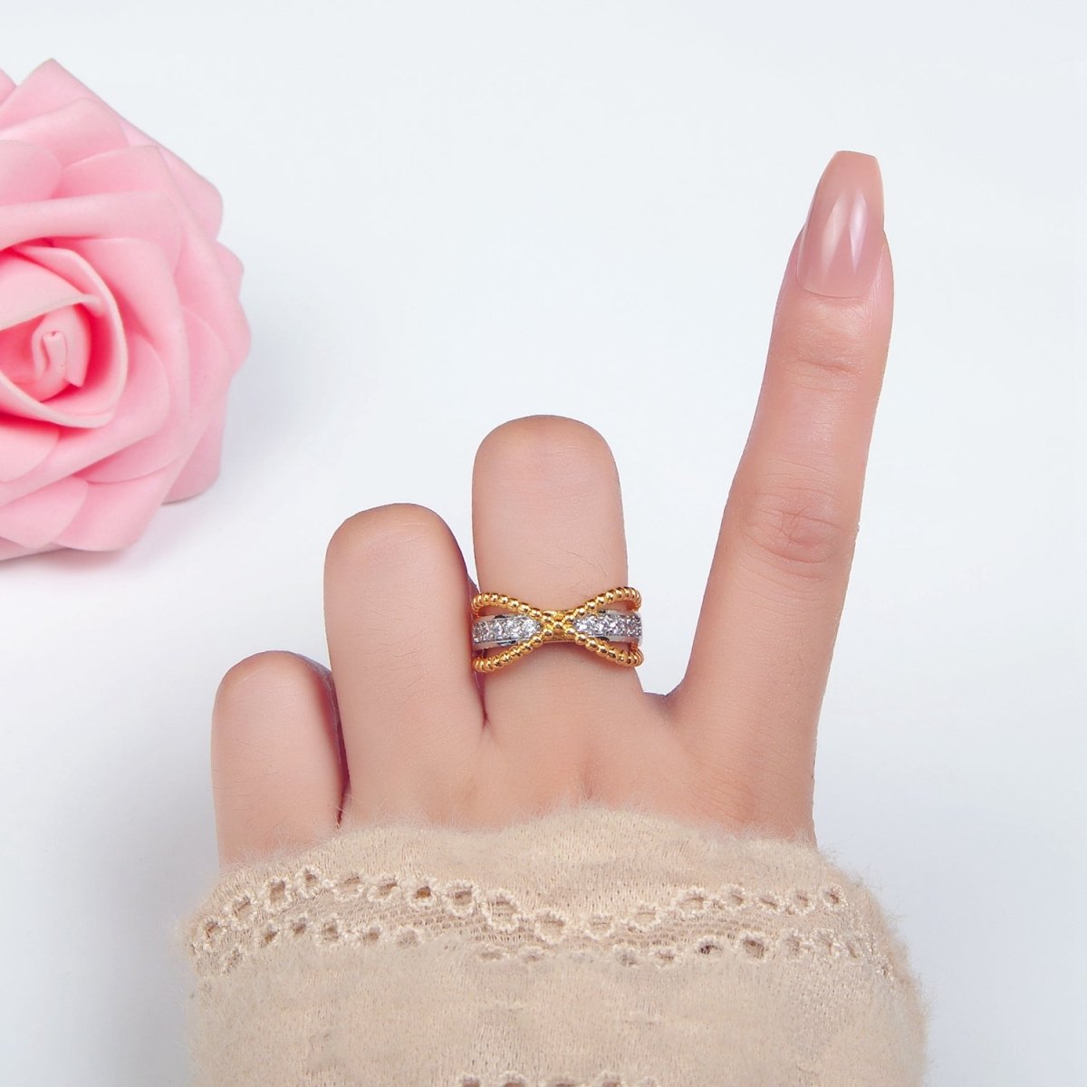 24K Gold plated Micro Paved CZ Dotted Crossed Double Band Mixed Metal Ring | O1425 - DLUXCA