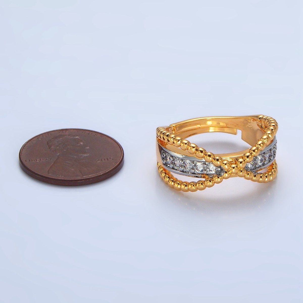 24K Gold plated Micro Paved CZ Dotted Crossed Double Band Mixed Metal Ring | O1425 - DLUXCA