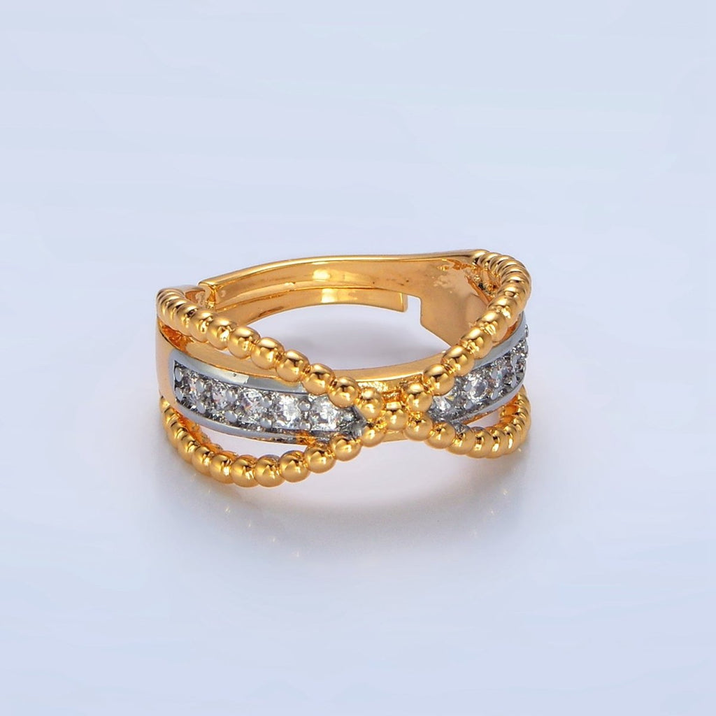 24K Gold plated Micro Paved CZ Dotted Crossed Double Band Mixed Metal Ring | O1425 - DLUXCA