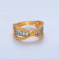 24K Gold plated Micro Paved CZ Dotted Crossed Double Band Mixed Metal Ring | O1425 - DLUXCA