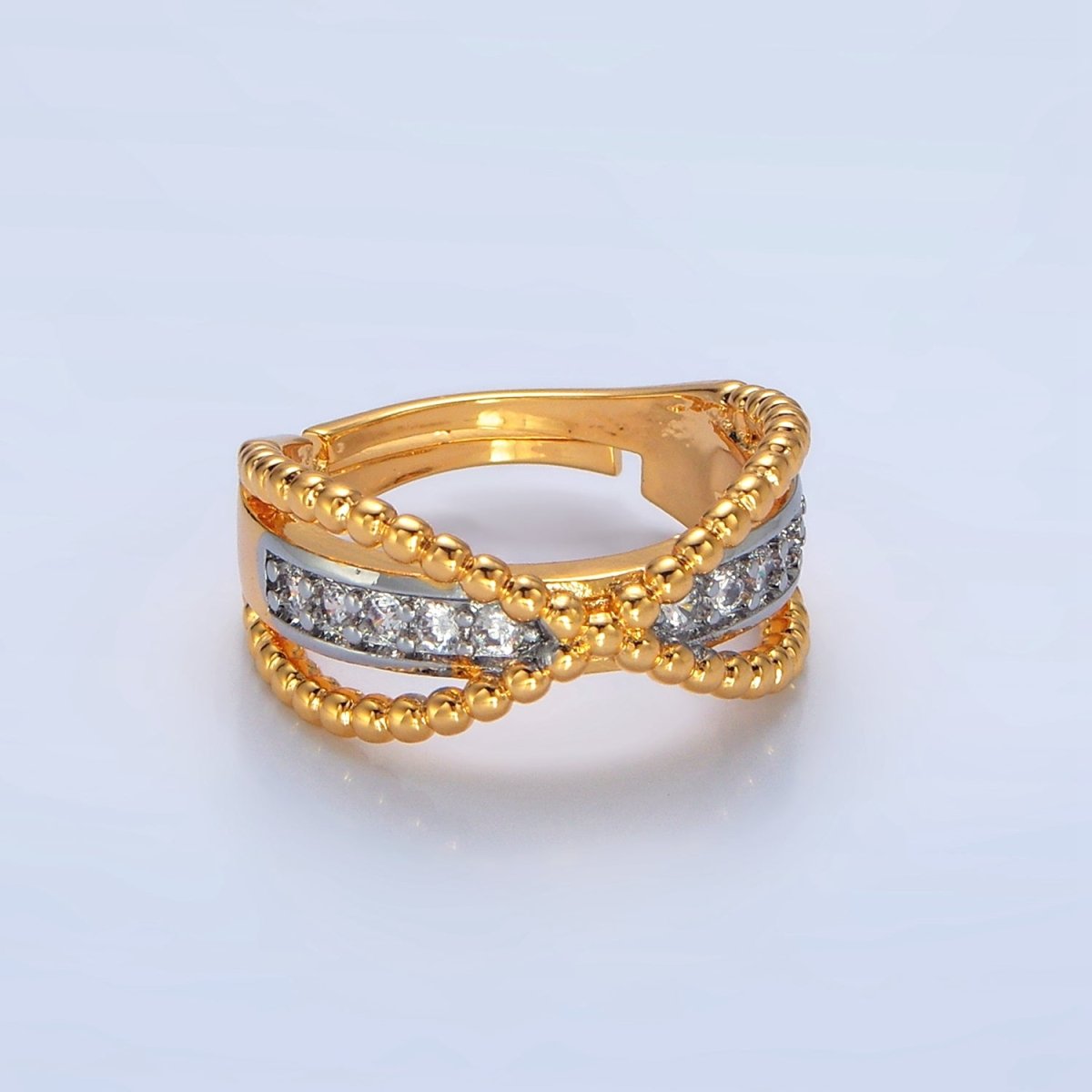 24K Gold plated Micro Paved CZ Dotted Crossed Double Band Mixed Metal Ring | O1425 - DLUXCA
