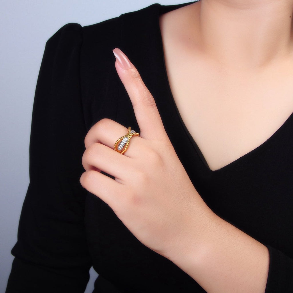 24K Gold plated Micro Paved CZ Dotted Crossed Double Band Mixed Metal Ring | O1425 - DLUXCA