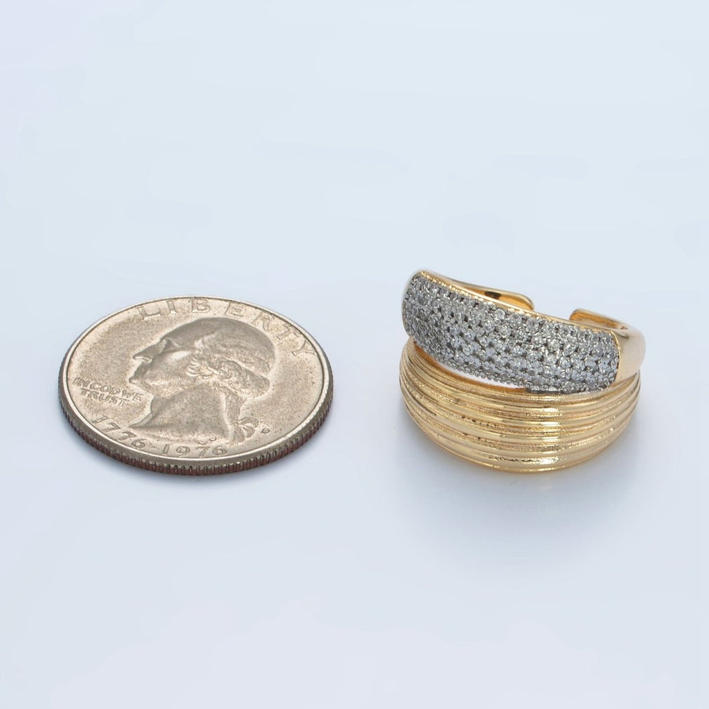 24K Gold plated Micro Paved CZ Double Band Dome Signet Ring | O1405 - DLUXCA