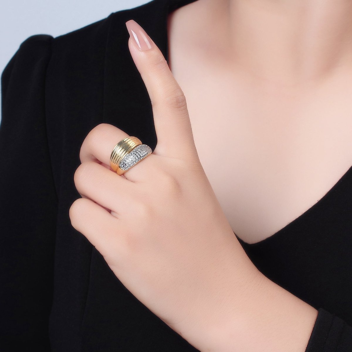 24K Gold plated Micro Paved CZ Double Band Dome Signet Ring | O1405 - DLUXCA