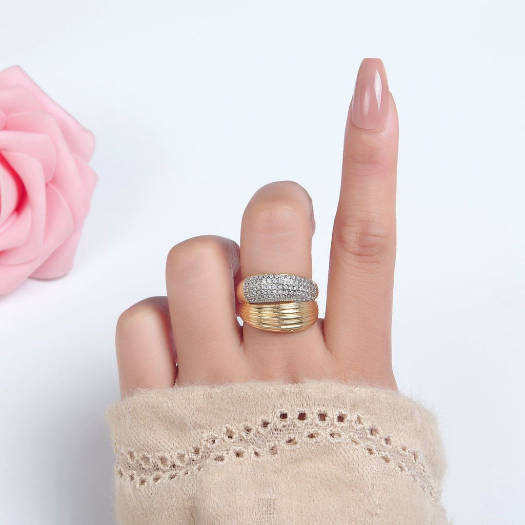 24K Gold plated Micro Paved CZ Double Band Dome Signet Ring | O1405 - DLUXCA