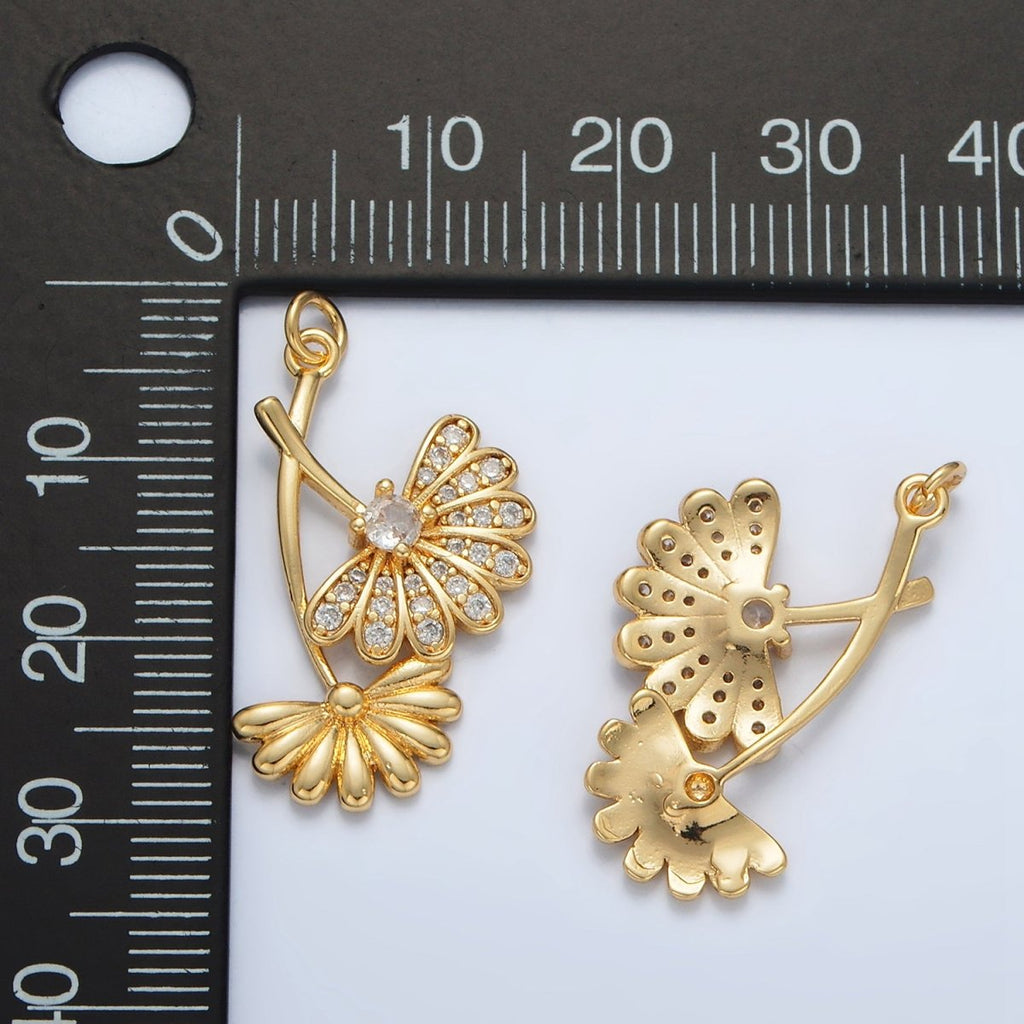 24K Gold plated Micro Paved CZ Double Flower Charm | AC140 - DLUXCA