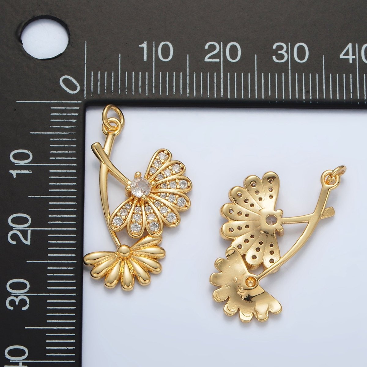 24K Gold plated Micro Paved CZ Double Flower Charm | AC140 - DLUXCA
