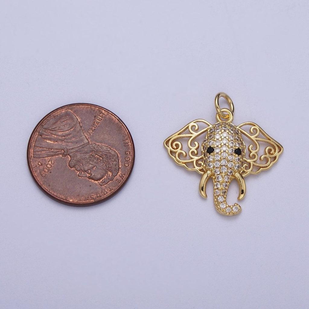 24K Gold plated Micro Paved CZ Elephant Filigree Ears Charm | A-316 - DLUXCA