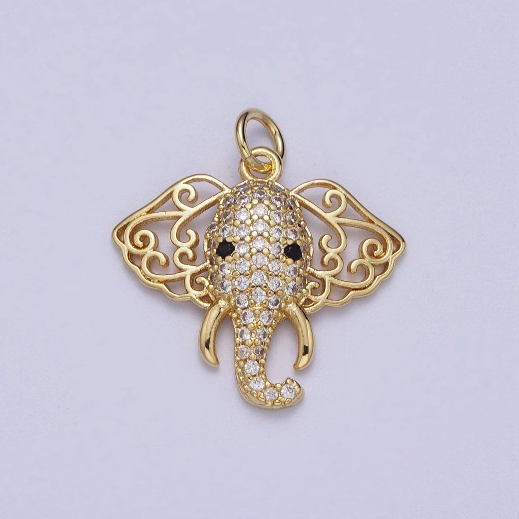 24K Gold plated Micro Paved CZ Elephant Filigree Ears Charm | A-316 - DLUXCA