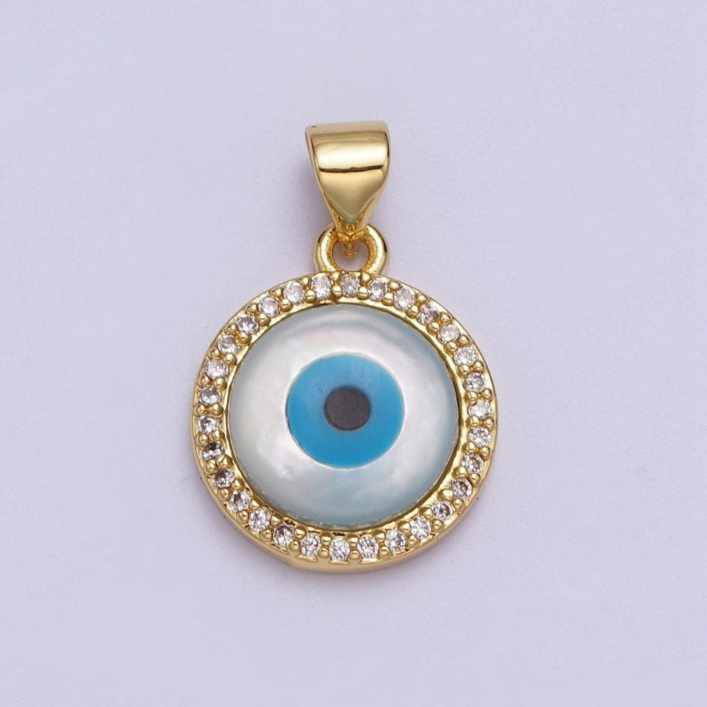 24K Gold plated Micro Paved CZ Evil Eye Protection Round Amulet Pendant H-288 - DLUXCA