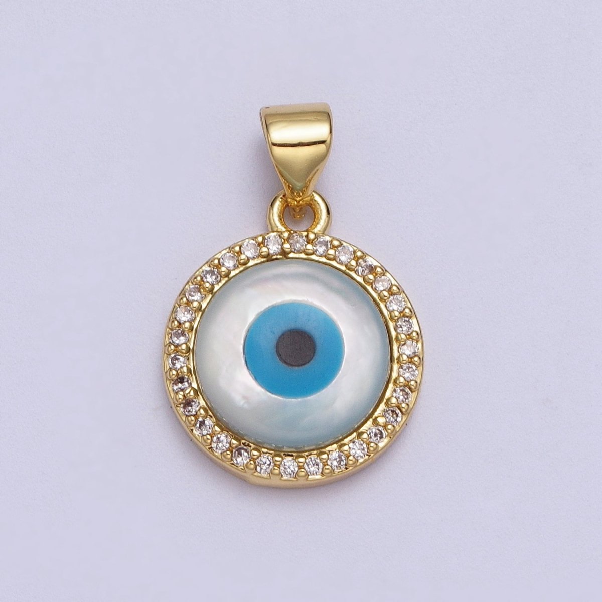 24K Gold plated Micro Paved CZ Evil Eye Protection Round Amulet Pendant H-288 - DLUXCA