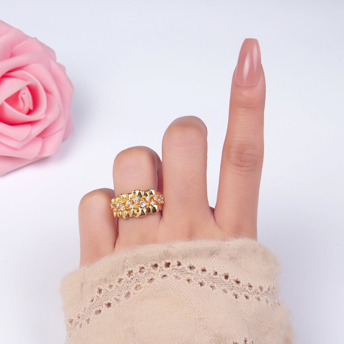24K Gold plated Micro Paved CZ Foil Fold Ring in Gold & Silver | O443 O444 - DLUXCA
