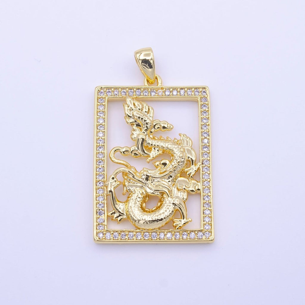 24K Gold plated Micro Paved CZ Frame Gold Chinese Dragon Pendant | AA511 - DLUXCA