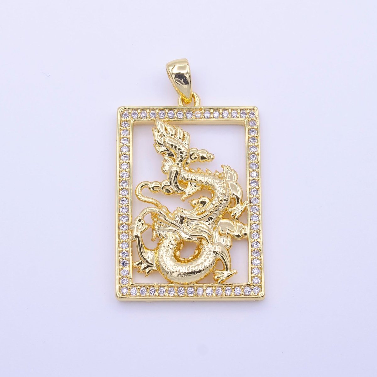 24K Gold plated Micro Paved CZ Frame Gold Chinese Dragon Pendant | AA511 - DLUXCA