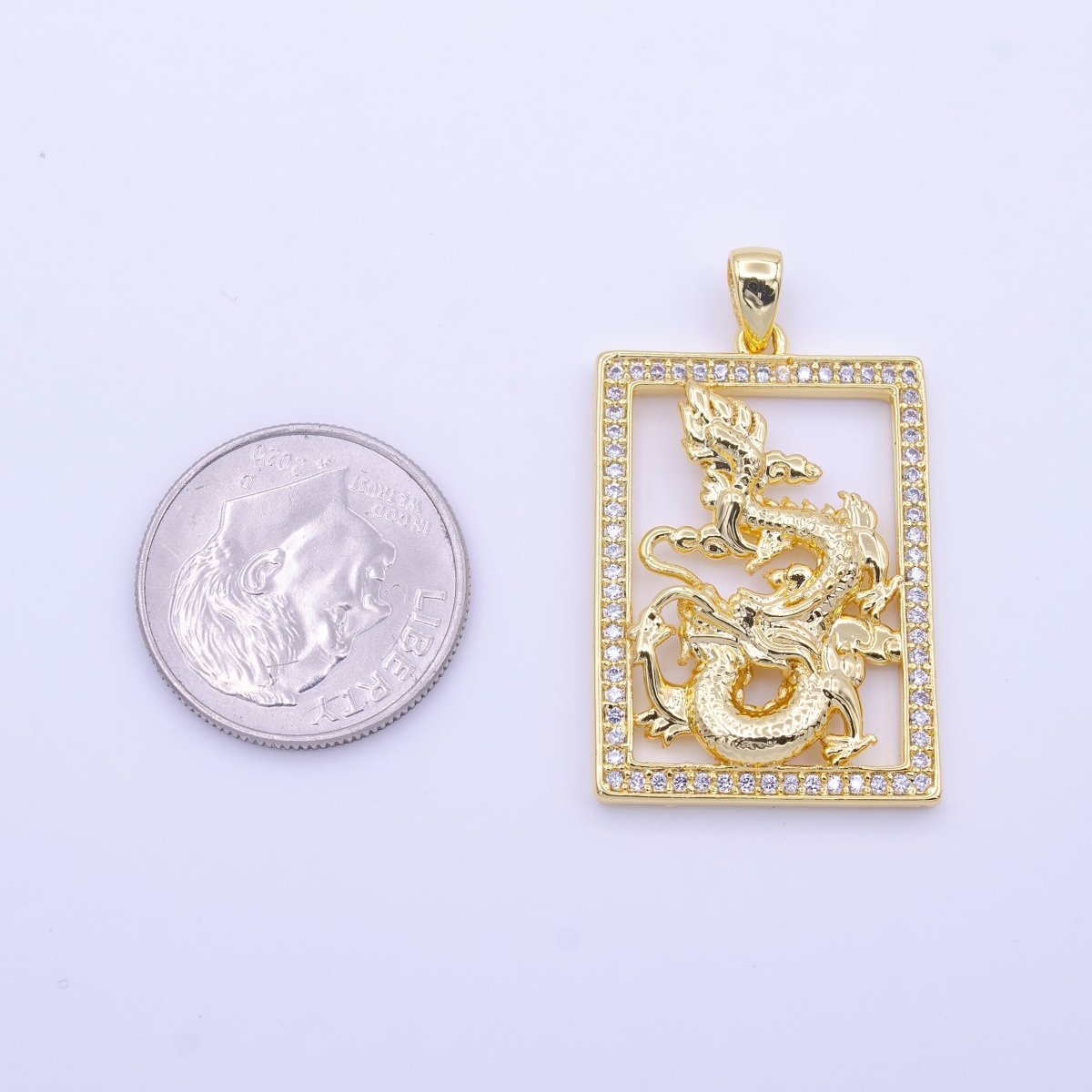 24K Gold plated Micro Paved CZ Frame Gold Chinese Dragon Pendant | AA511 - DLUXCA