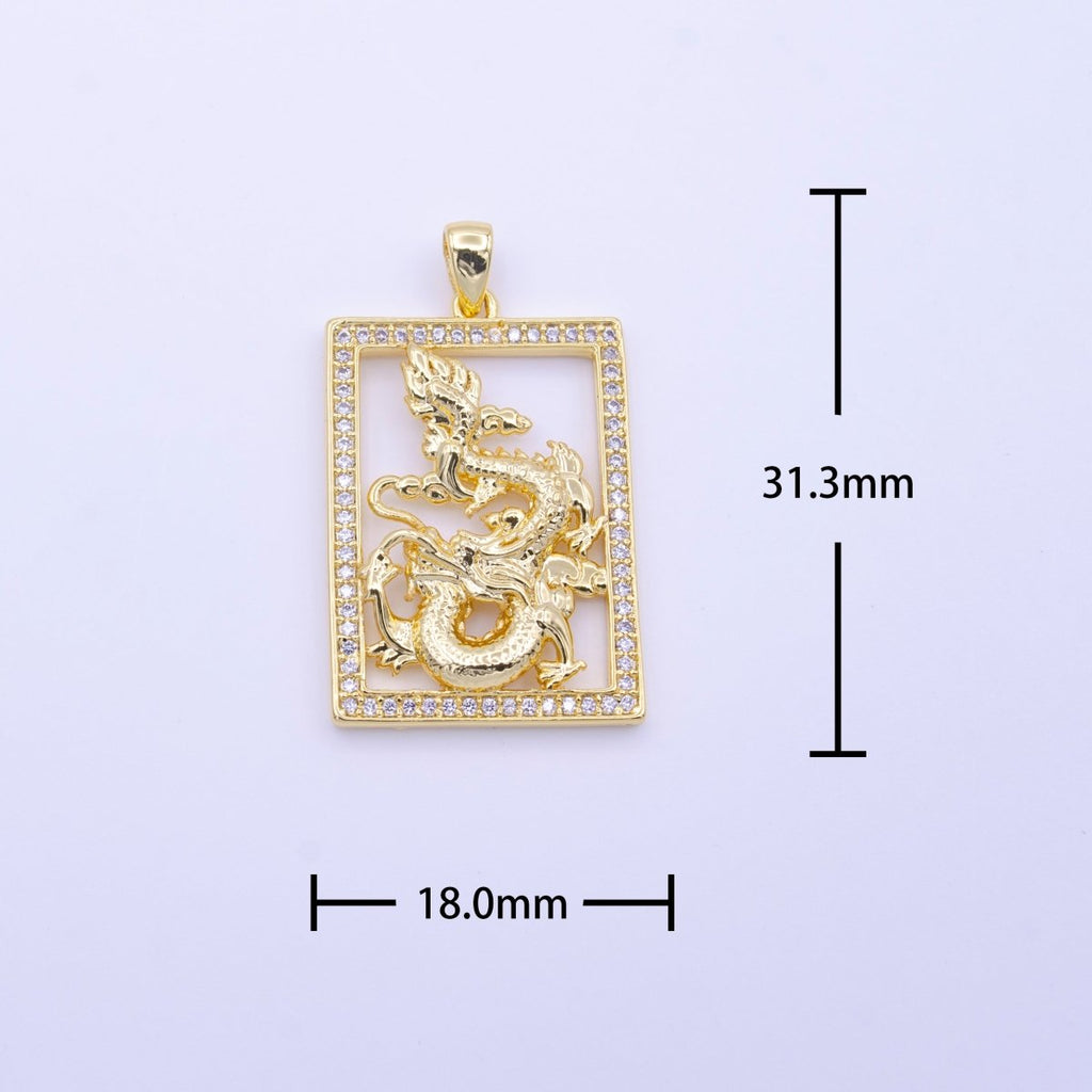 24K Gold plated Micro Paved CZ Frame Gold Chinese Dragon Pendant | AA511 - DLUXCA
