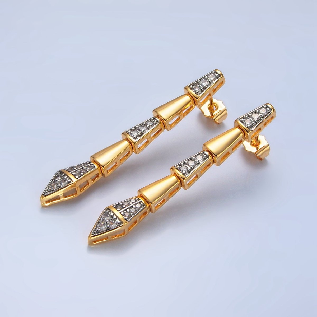 24K Gold plated Micro Paved CZ Geometric Edged Linear Drop Stud Earrings | P020 - DLUXCA