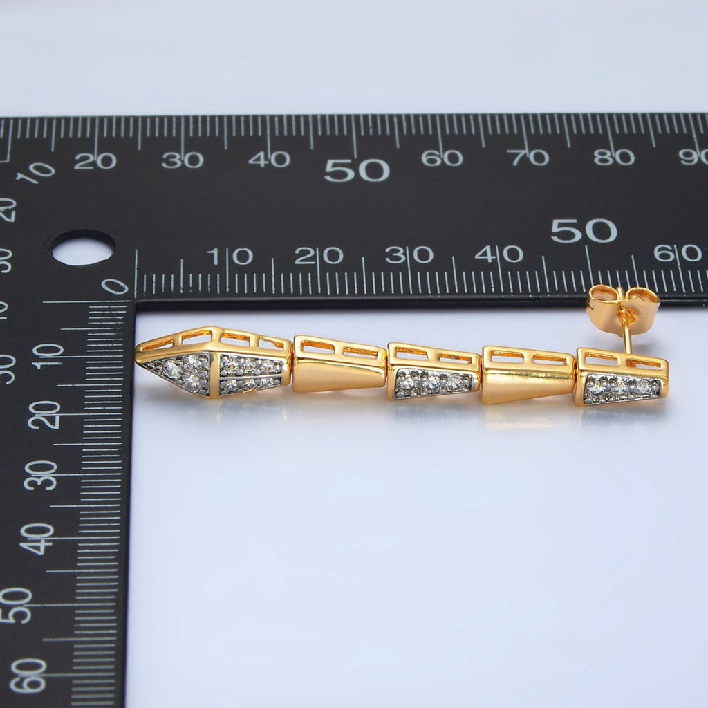 24K Gold plated Micro Paved CZ Geometric Edged Linear Drop Stud Earrings | P020 - DLUXCA