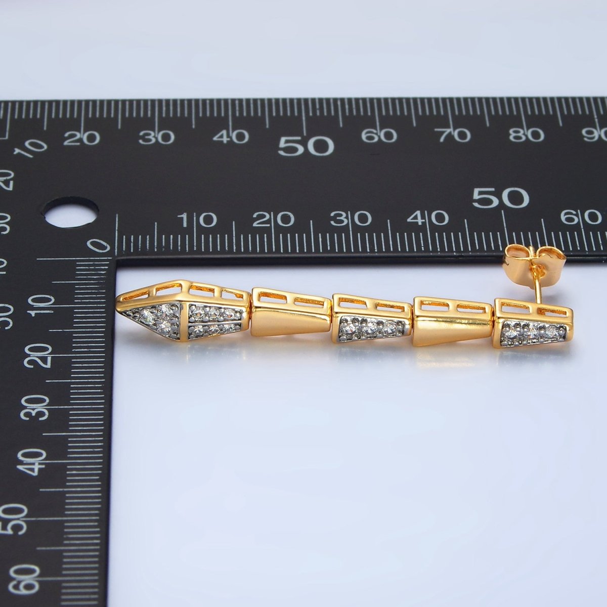 24K Gold plated Micro Paved CZ Geometric Edged Linear Drop Stud Earrings | P020 - DLUXCA
