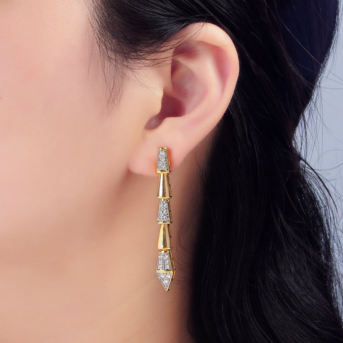24K Gold plated Micro Paved CZ Geometric Edged Linear Drop Stud Earrings | P020 - DLUXCA