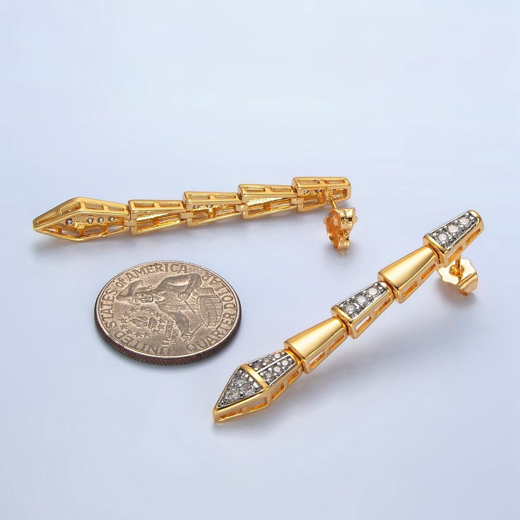 24K Gold plated Micro Paved CZ Geometric Edged Linear Drop Stud Earrings | P020 - DLUXCA