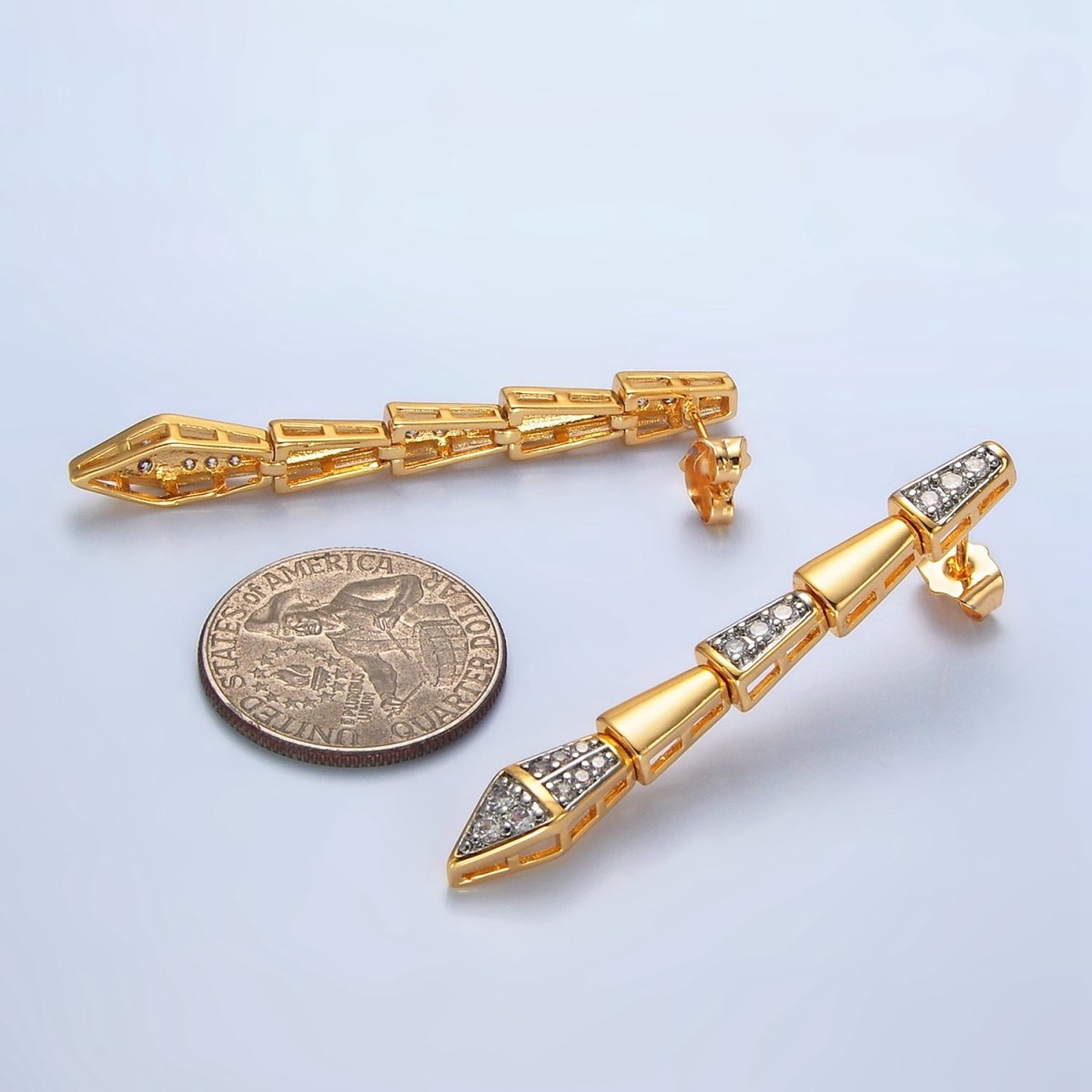 24K Gold plated Micro Paved CZ Geometric Edged Linear Drop Stud Earrings | P020 - DLUXCA