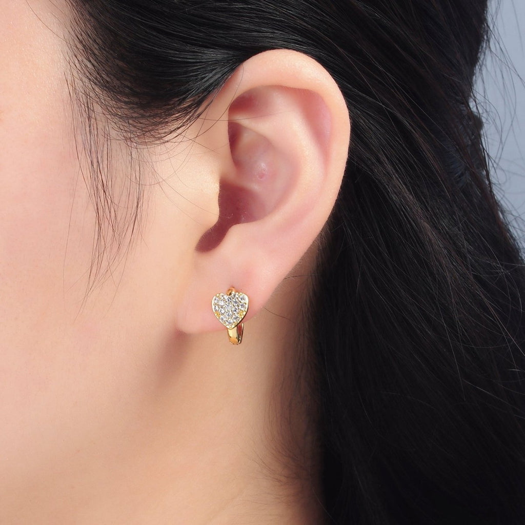 24K Gold plated Micro Paved CZ Heart Huggie Earrings | T100 - DLUXCA