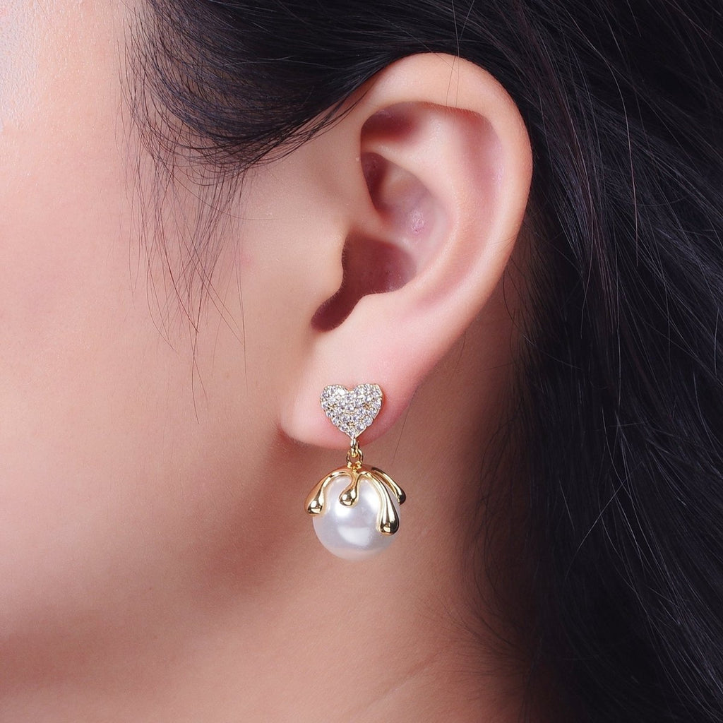 24K Gold plated Micro Paved CZ Heart Love Drop Round White Pearl Geometric Drip Stud Earrings | Y-032 - DLUXCA