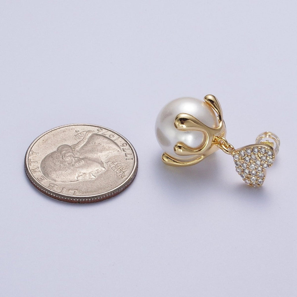 24K Gold plated Micro Paved CZ Heart Love Drop Round White Pearl Geometric Drip Stud Earrings | Y-032 - DLUXCA