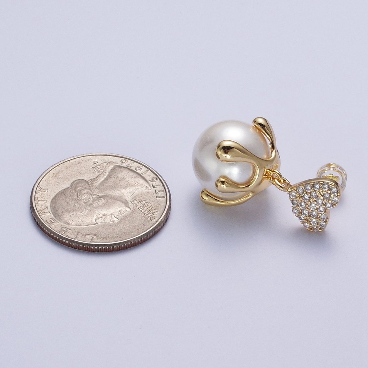 24K Gold plated Micro Paved CZ Heart Love Drop Round White Pearl Geometric Drip Stud Earrings | Y-032 - DLUXCA