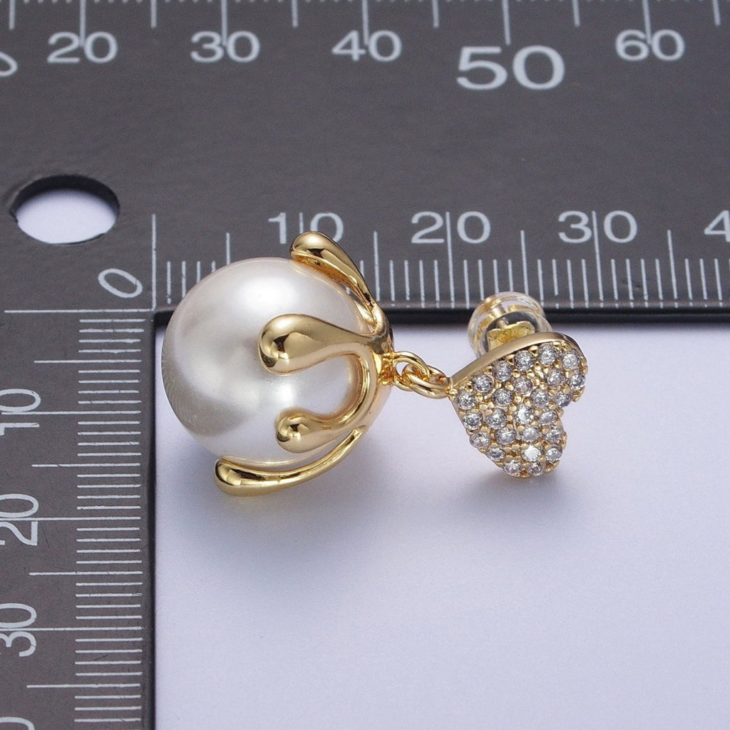 24K Gold plated Micro Paved CZ Heart Love Drop Round White Pearl Geometric Drip Stud Earrings | Y-032 - DLUXCA