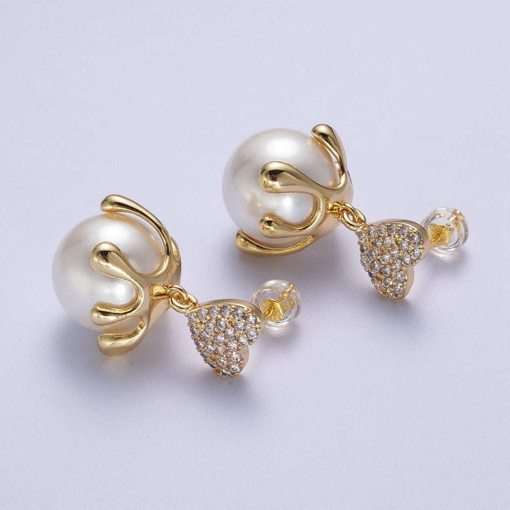 24K Gold plated Micro Paved CZ Heart Love Drop Round White Pearl Geometric Drip Stud Earrings | Y-032 - DLUXCA