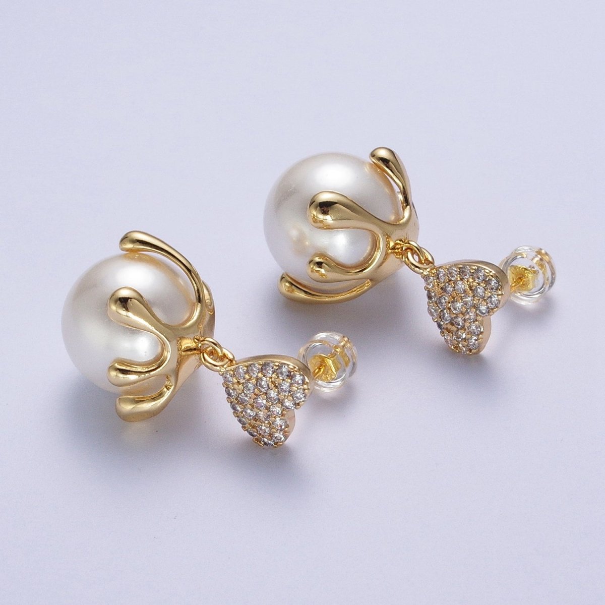 24K Gold plated Micro Paved CZ Heart Love Drop Round White Pearl Geometric Drip Stud Earrings | Y-032 - DLUXCA