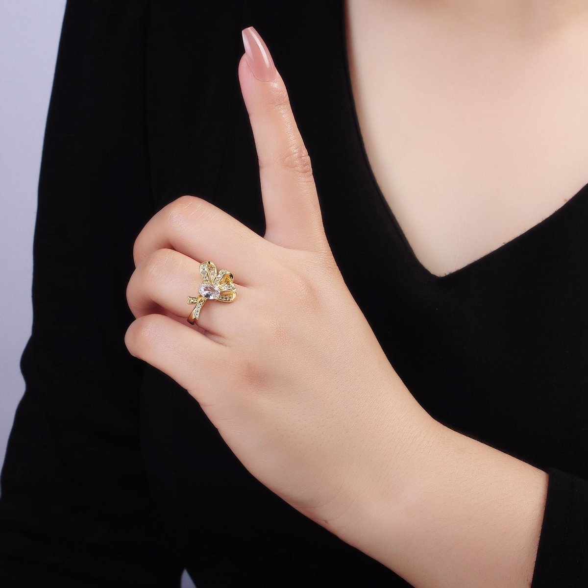 24K Gold plated Micro Paved CZ Knot Ribbon Bow Ring in Gold & Silver | R402 R403