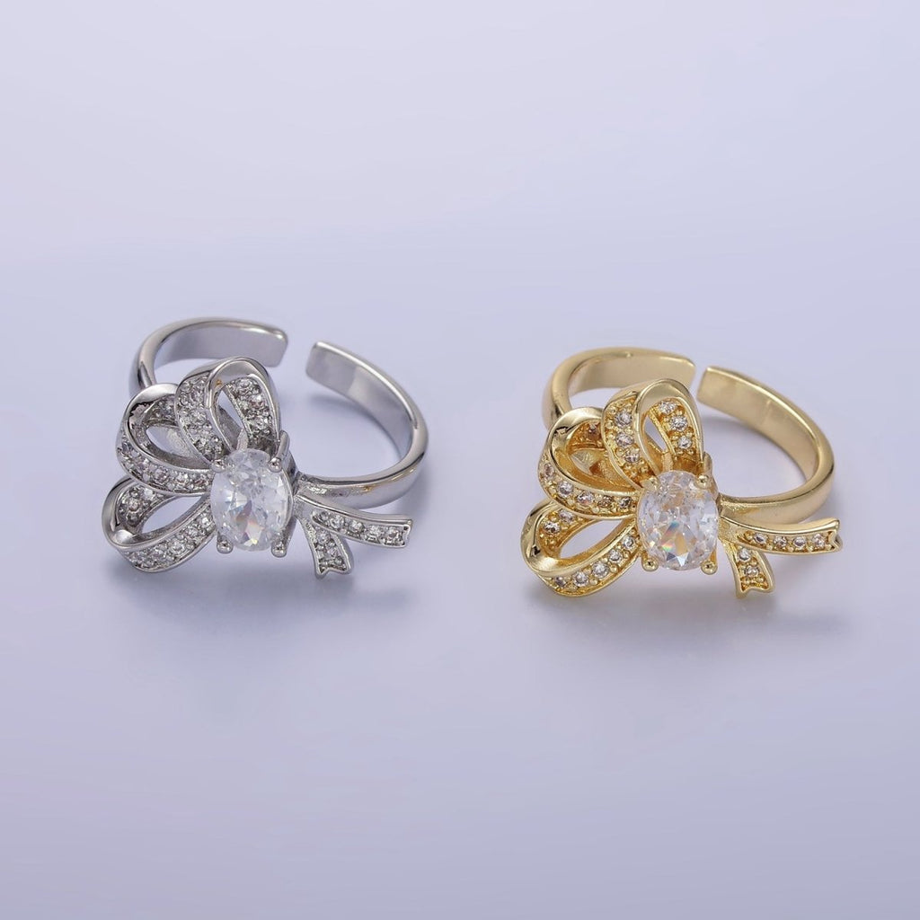 24K Gold plated Micro Paved CZ Knot Ribbon Bow Ring in Gold & Silver | R402 R403