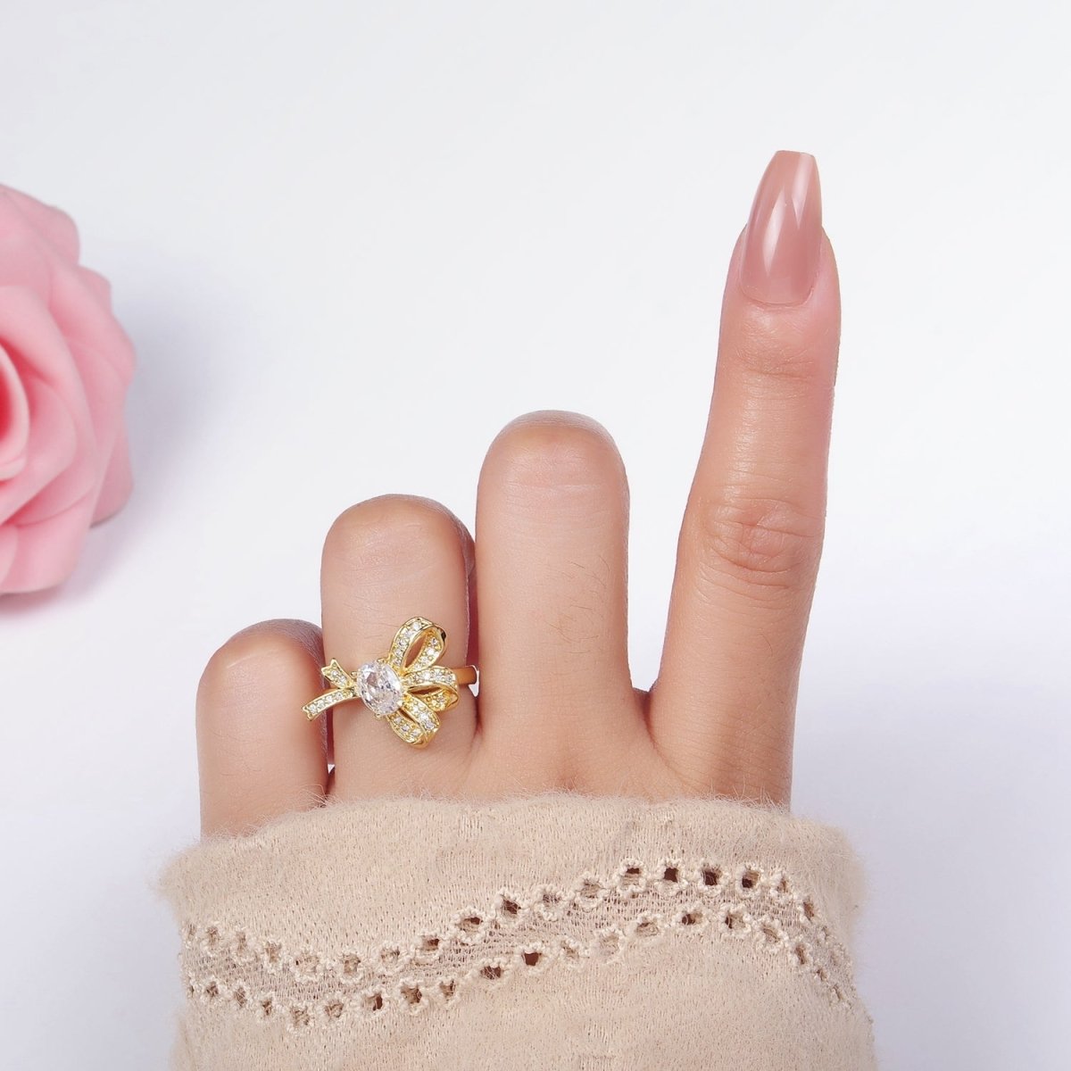 24K Gold plated Micro Paved CZ Knot Ribbon Bow Ring in Gold & Silver | R402 R403