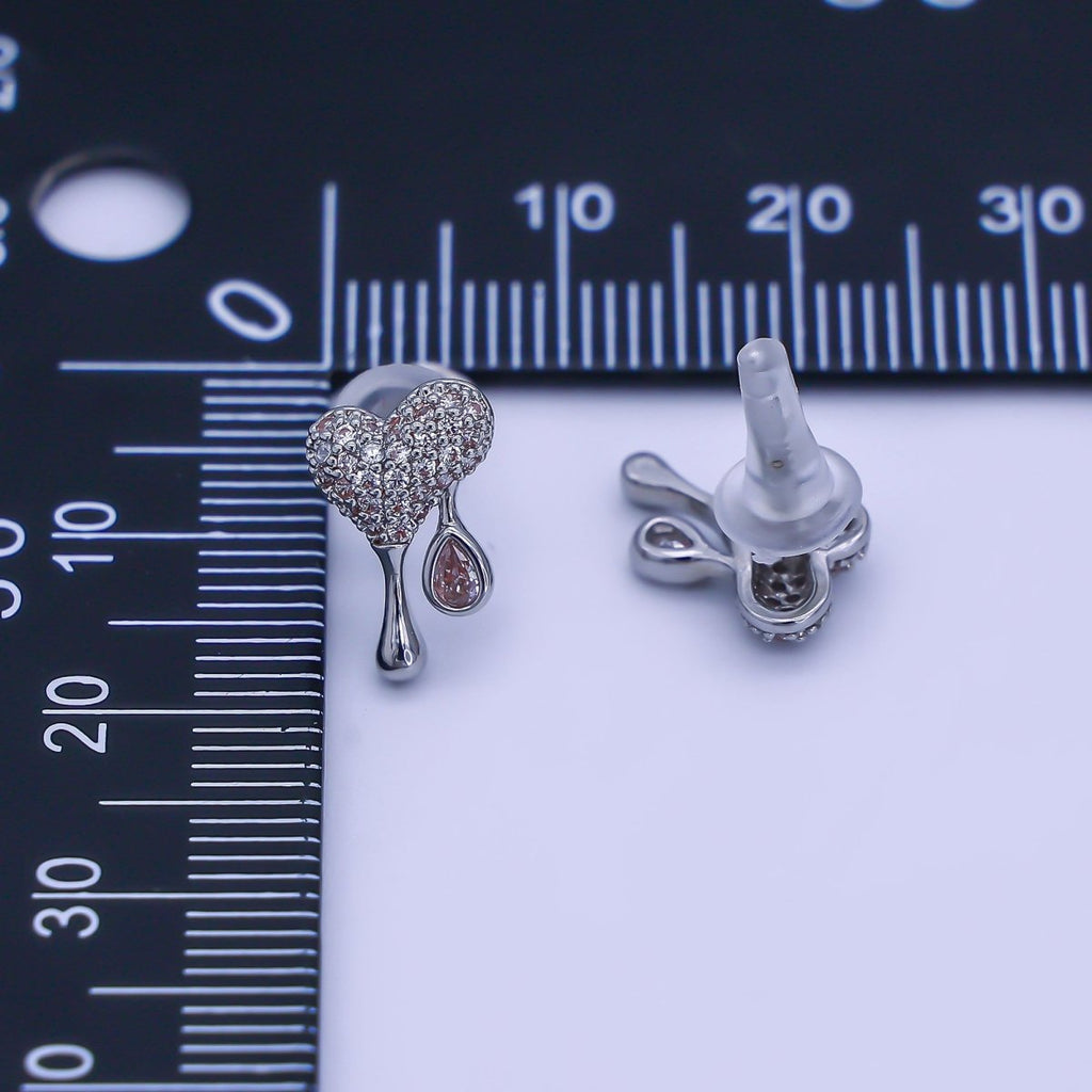 24K Gold plated Micro Paved CZ Molten Drip Heart Stud Earrings in Gold & Silver | AE755 