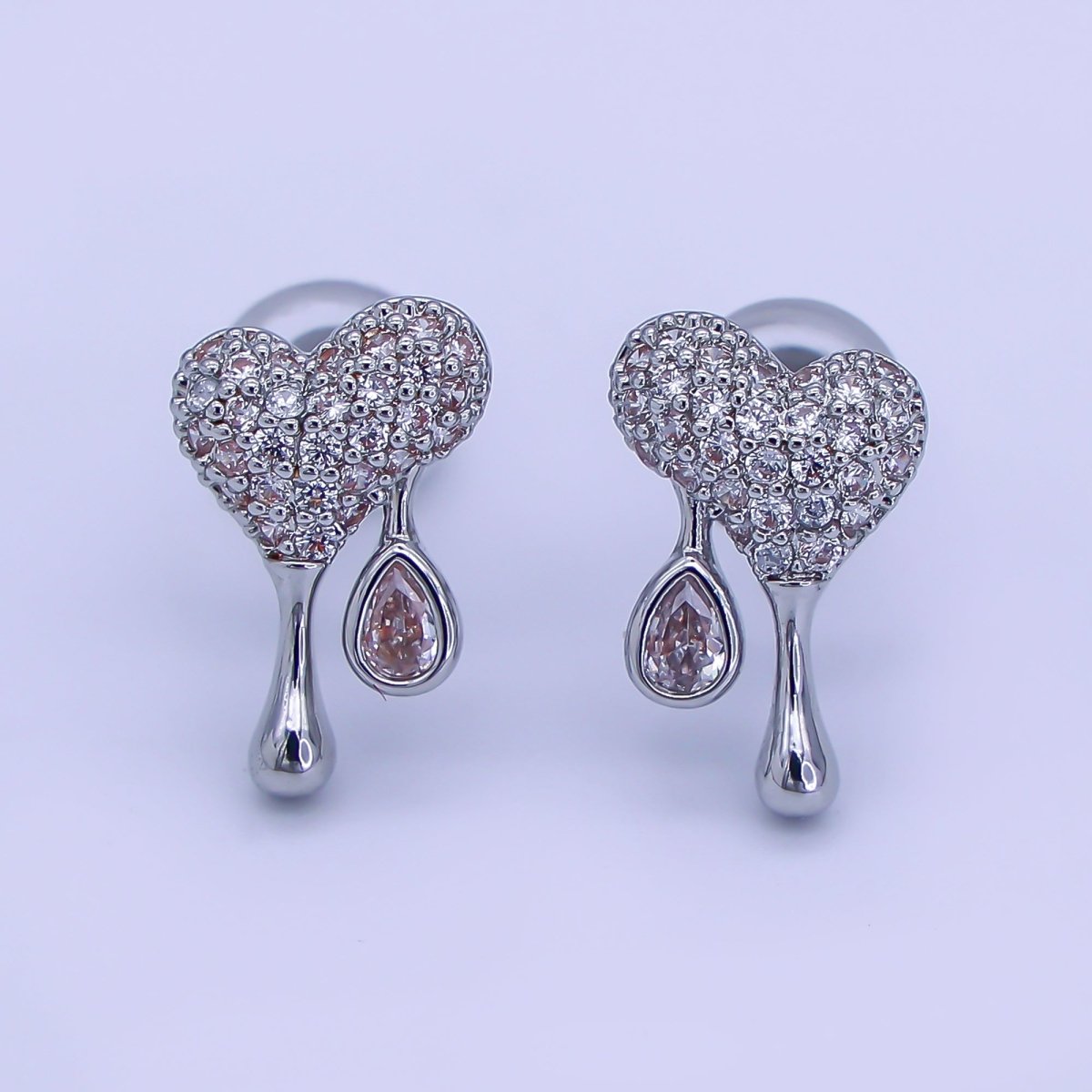 24K Gold plated Micro Paved CZ Molten Drip Heart Stud Earrings in Gold & Silver | AE755 