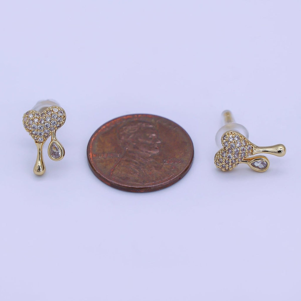 24K Gold plated Micro Paved CZ Molten Drip Heart Stud Earrings in Gold & Silver | AE755 