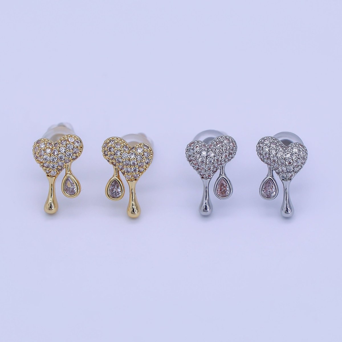 24K Gold plated Micro Paved CZ Molten Drip Heart Stud Earrings in Gold & Silver | AE755 