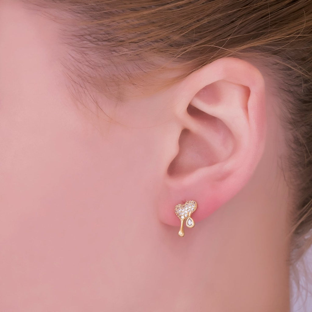 24K Gold plated Micro Paved CZ Molten Drip Heart Stud Earrings in Gold & Silver | AE755 