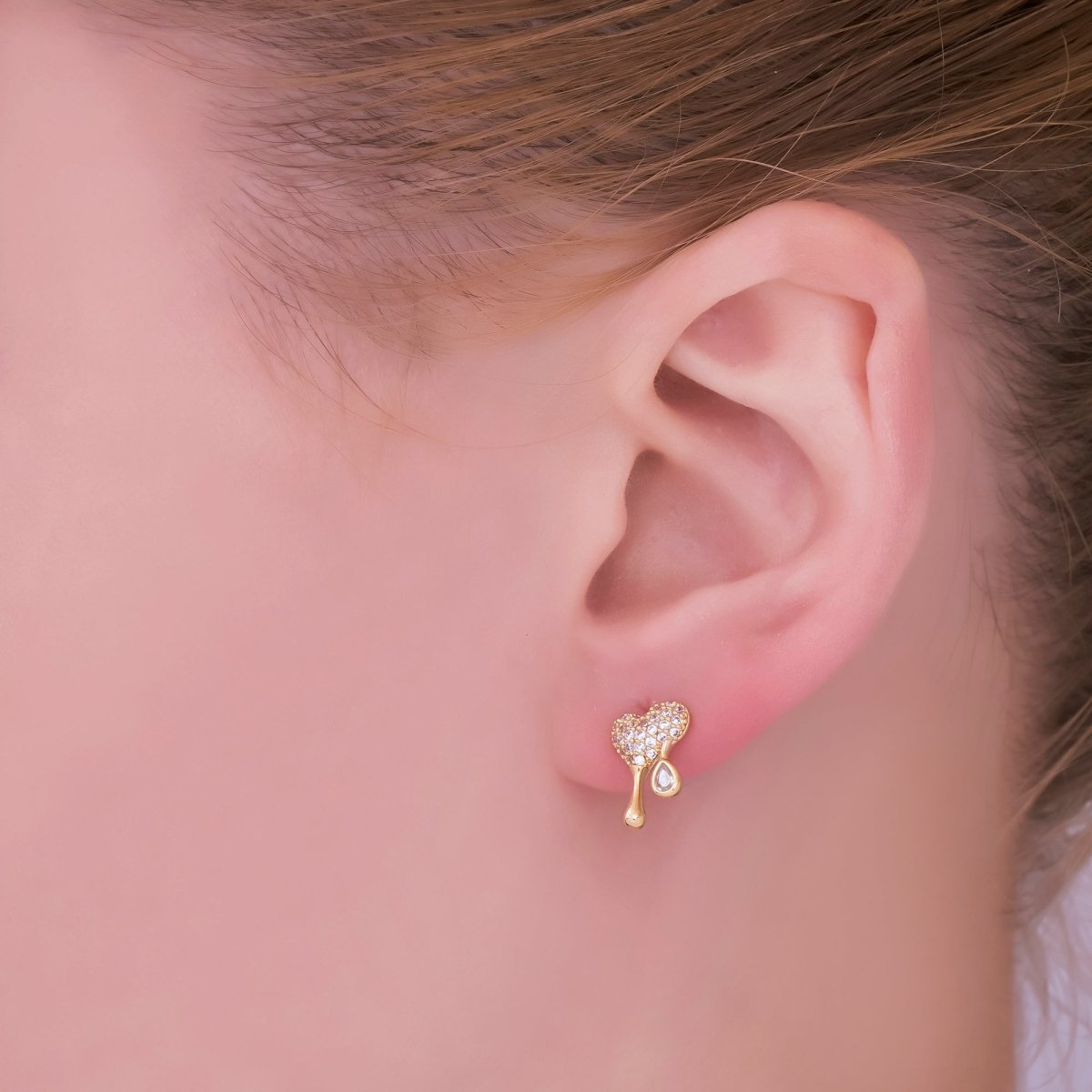 24K Gold plated Micro Paved CZ Molten Drip Heart Stud Earrings in Gold & Silver | AE755 