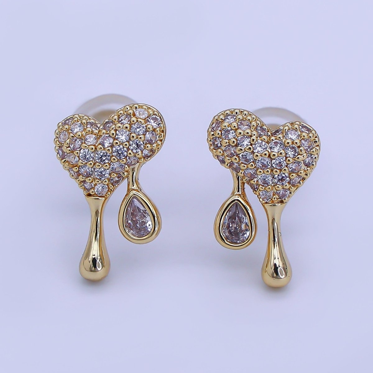 24K Gold plated Micro Paved CZ Molten Drip Heart Stud Earrings in Gold & Silver | AE755 