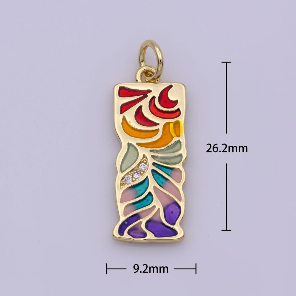 24K Gold plated Micro Paved CZ Multicolor Rainbow Enamel Leaf Rectangular Charm N-181 - DLUXCA