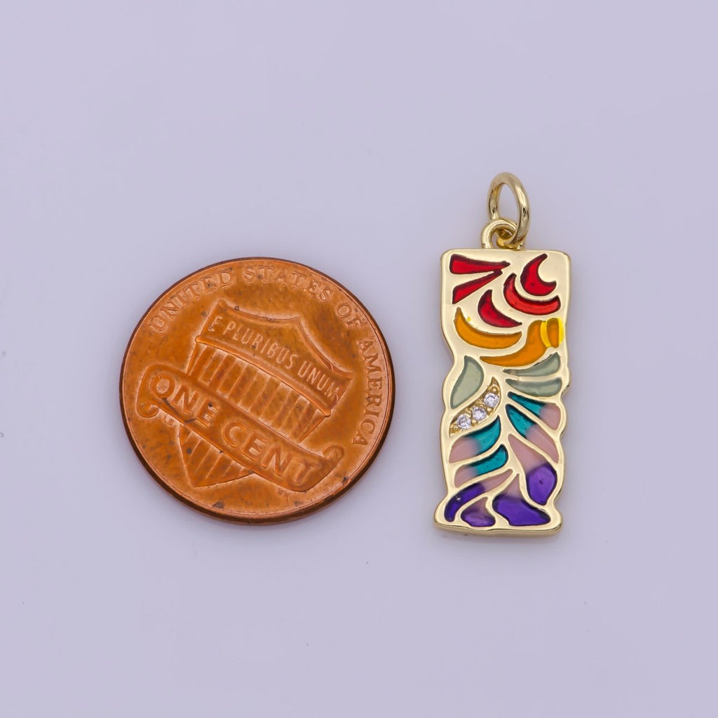 24K Gold plated Micro Paved CZ Multicolor Rainbow Enamel Leaf Rectangular Charm N-181 - DLUXCA