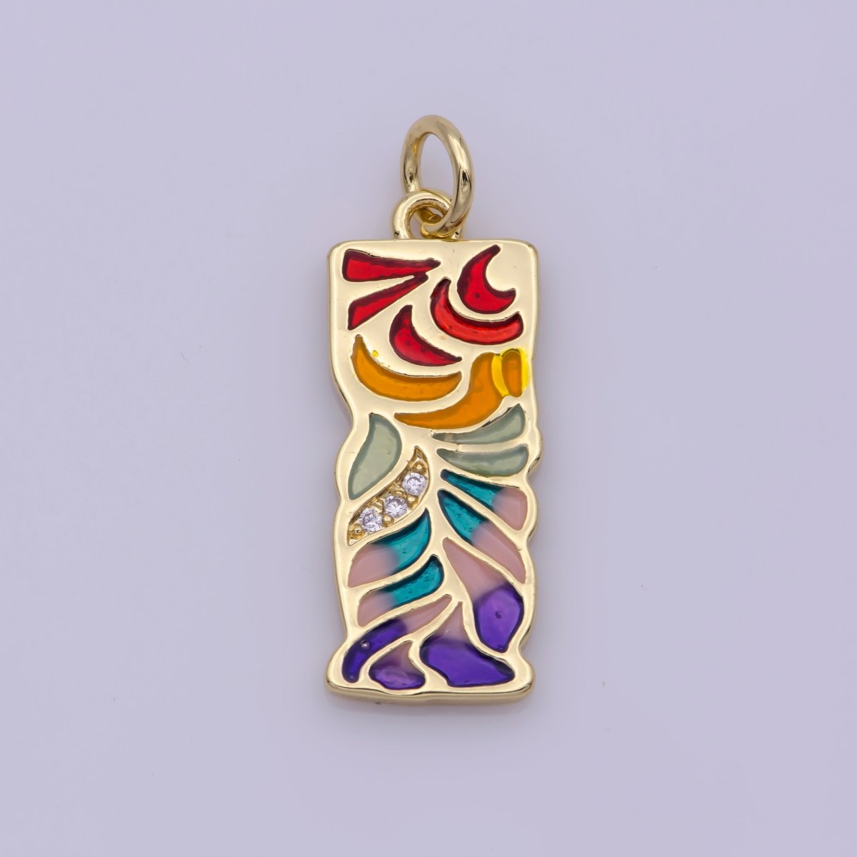 24K Gold plated Micro Paved CZ Multicolor Rainbow Enamel Leaf Rectangular Charm N-181 - DLUXCA