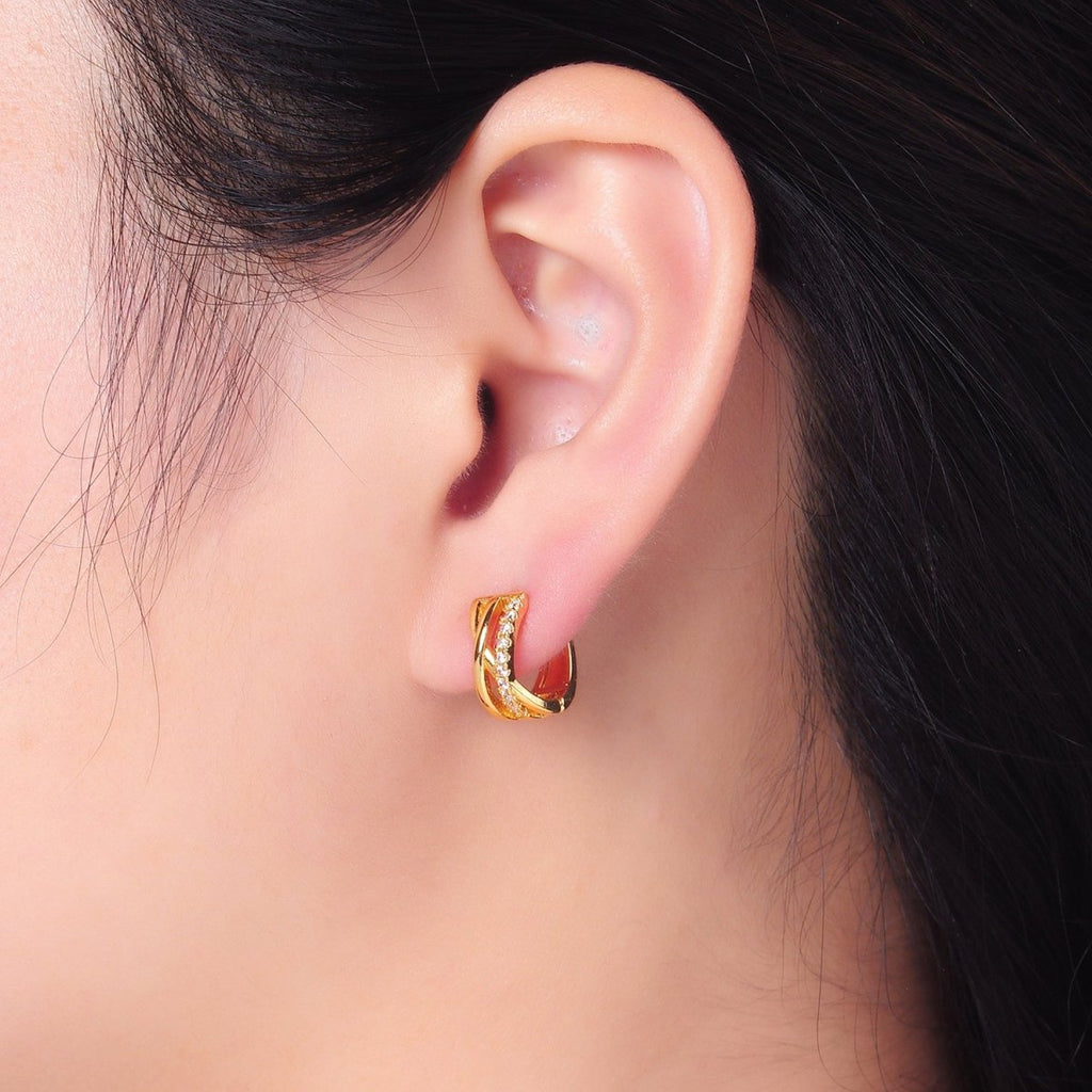 24K Gold plated Micro Paved CZ Multiple Band Cartilage Huggie Earrings | P406 - DLUXCA