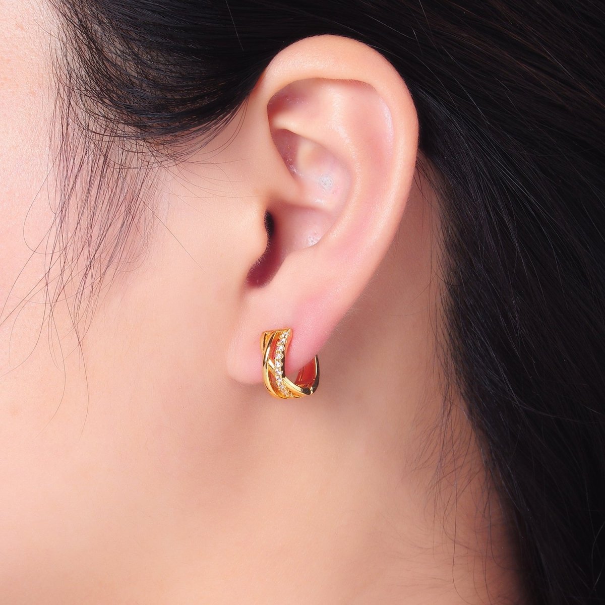 24K Gold plated Micro Paved CZ Multiple Band Cartilage Huggie Earrings | P406 - DLUXCA